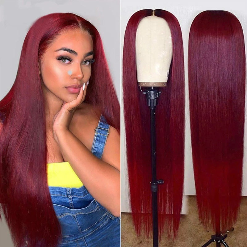 Long Straight Burgundy Lace Front Wig for Women, 13x6 Transparent Lace Red Wig, Pre-Plucked Natural Hairline Synthetic Wig