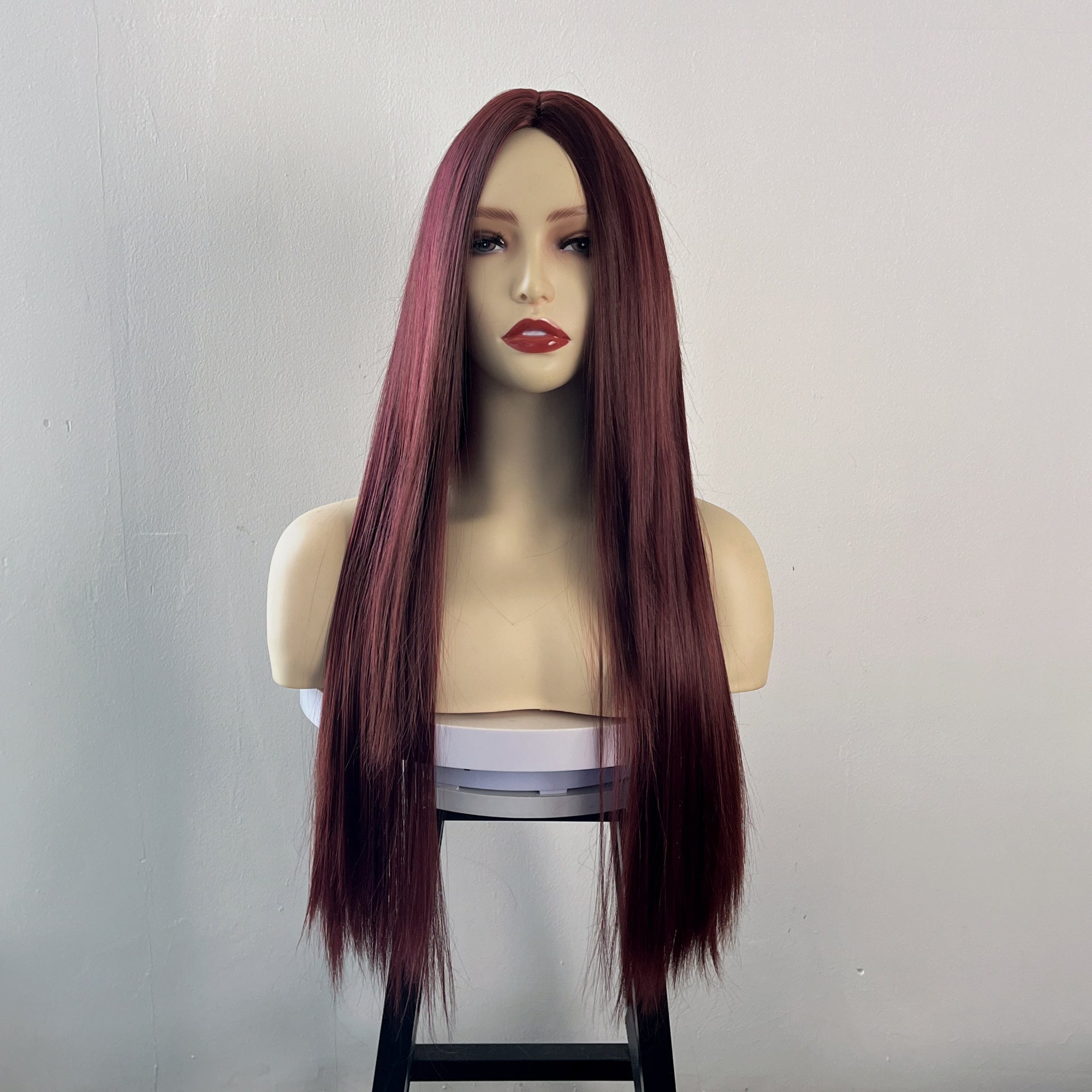 Long Straight Burgundy Lace Front Wig for Women, 13x6 Transparent Lace Red Wig, Pre-Plucked Natural Hairline Synthetic Wig