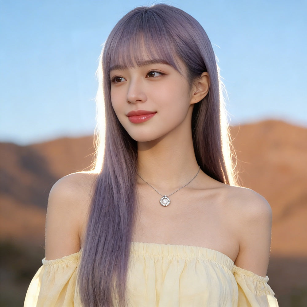 Long Straight Ash Purple Wig with Bangs for Women, Smoky Purple Synthetic Hair Wig, Heat Resistant Wig for Daily Cosplay Party