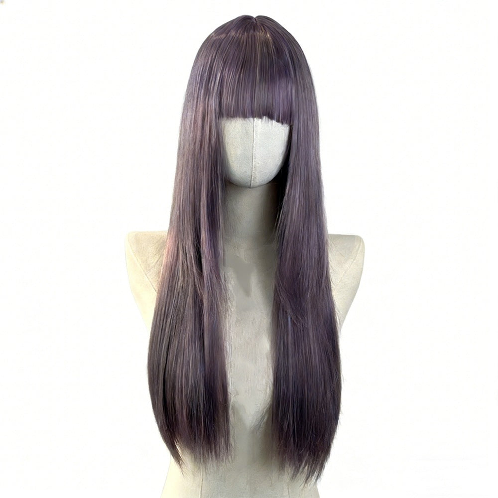 Long Straight Ash Purple Wig with Bangs for Women, Smoky Purple Synthetic Hair Wig, Heat Resistant Wig for Daily Cosplay Party