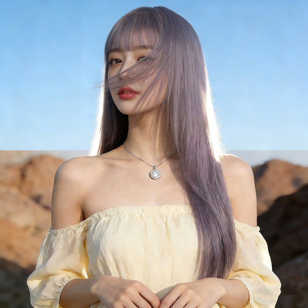 Long Straight Ash Purple Wig with Bangs for Women, Smoky Purple Synthetic Hair Wig, Heat Resistant Wig for Daily Cosplay Party
