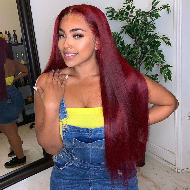 Long Straight Burgundy Lace Front Wig for Women, 13x6 Transparent Lace Red Wig, Pre-Plucked Natural Hairline Synthetic Wig
