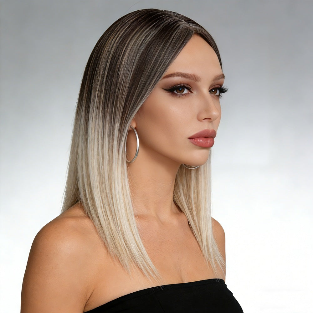 Ombre Straight Bob Wig for Women, Dark Root to Platinum Blonde Synthetic Hair Wig, Natural Hairline Heat Resistant Wigs for Daily Party Cosplay