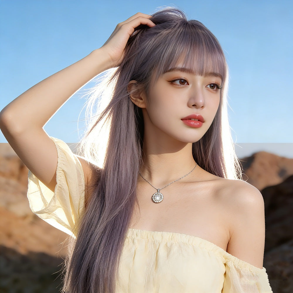 Long Straight Ash Purple Wig with Bangs for Women, Smoky Purple Synthetic Hair Wig, Heat Resistant Wig for Daily Cosplay Party