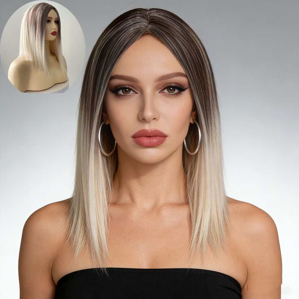 Ombre Straight Bob Wig for Women, Dark Root to Platinum Blonde Synthetic Hair Wig, Natural Hairline Heat Resistant Wigs for Daily Party Cosplay