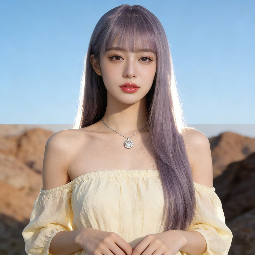 Long Straight Ash Purple Wig with Bangs for Women, Smoky Purple Synthetic Hair Wig, Heat Resistant Wig for Daily Cosplay Party