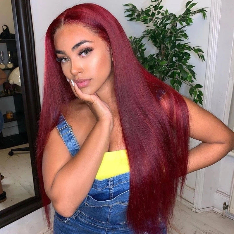 Long Straight Burgundy Lace Front Wig for Women, 13x6 Transparent Lace Red Wig, Pre-Plucked Natural Hairline Synthetic Wig