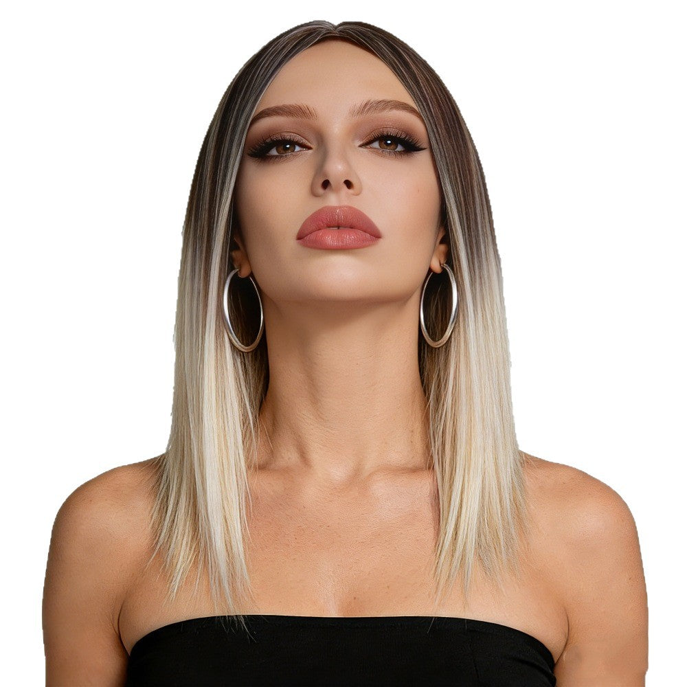 Ombre Straight Bob Wig for Women, Dark Root to Platinum Blonde Synthetic Hair Wig, Natural Hairline Heat Resistant Wigs for Daily Party Cosplay