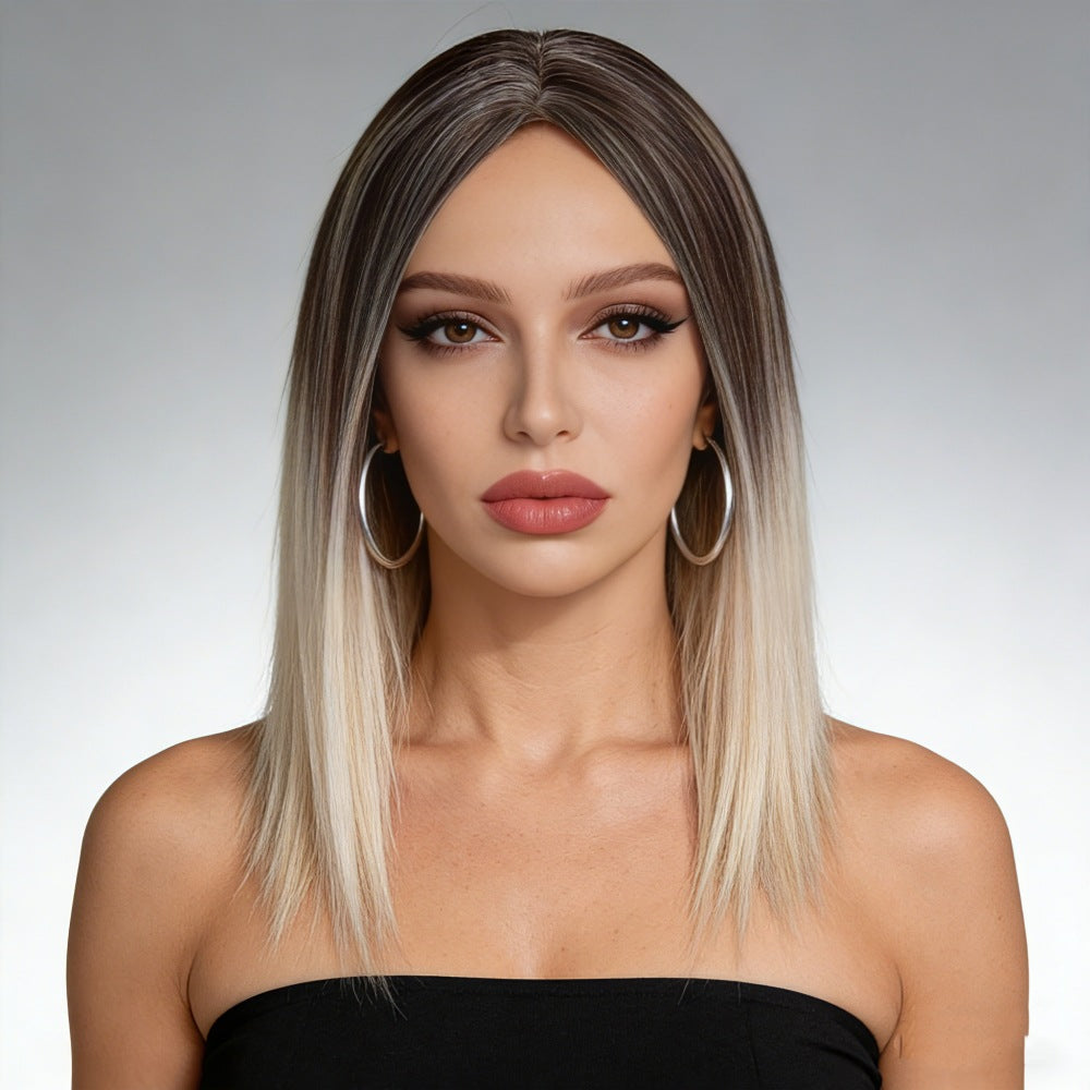 Ombre Straight Bob Wig for Women, Dark Root to Platinum Blonde Synthetic Hair Wig, Natural Hairline Heat Resistant Wigs for Daily Party Cosplay