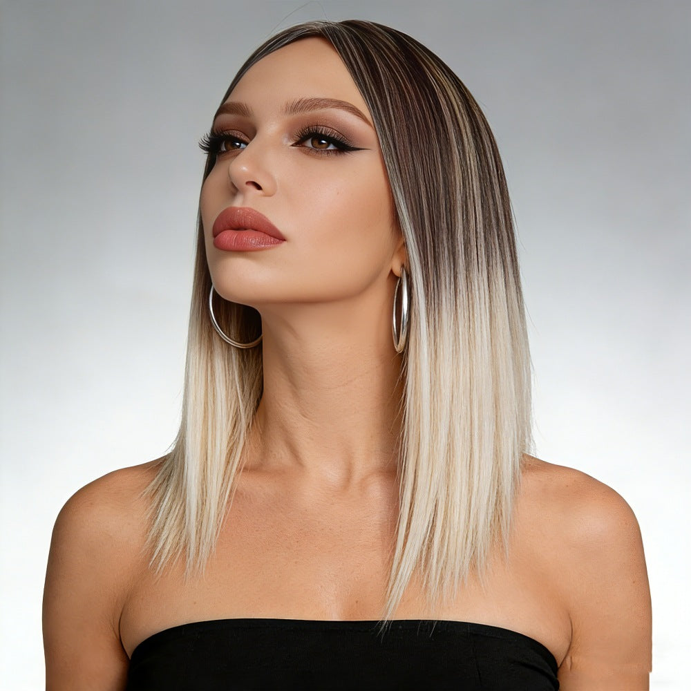 Ombre Straight Bob Wig for Women, Dark Root to Platinum Blonde Synthetic Hair Wig, Natural Hairline Heat Resistant Wigs for Daily Party Cosplay